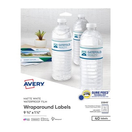 Avery Dennison Avery, WATER-RESISTANT WRAPAROUND LABELS W/ SURE FEED, 9 3/4 X 1 1/4, WHITE, 40PK 22845